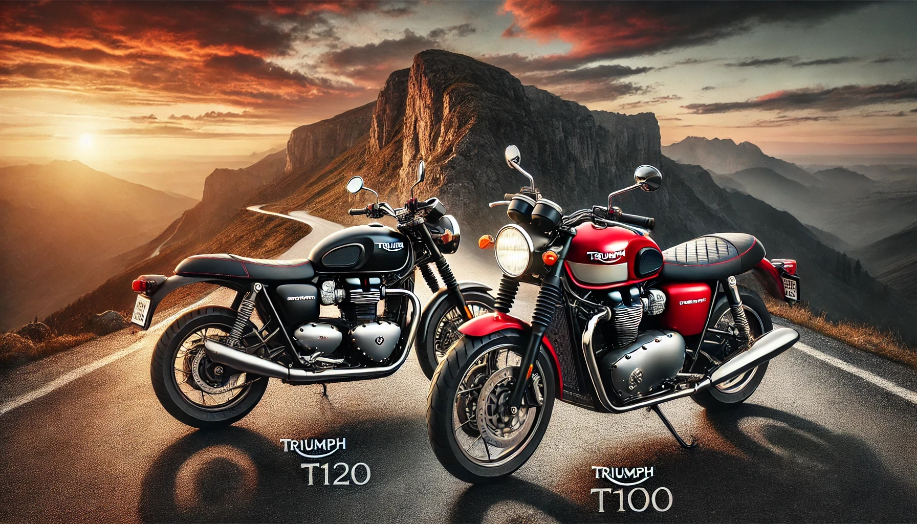 「トライアンフ ボンネビル T120とT100」が山岳道路の背景で並んで展示されている画像です。T120はシックなブラックカラー、T100は鮮やかなレッドカラーで塗装され、それぞれの特徴的なデザインが際立っています。背景には美しい夕焼けと山の風景が広がり、バイクの洗練されたスタイルを引き立てています。