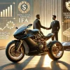 高級バイク投資とIFA資産防衛のイメージ。夕陽の下、IFA（独立系ファイナンシャルアドバイザー）と握手する投資家のビジネスシーン。