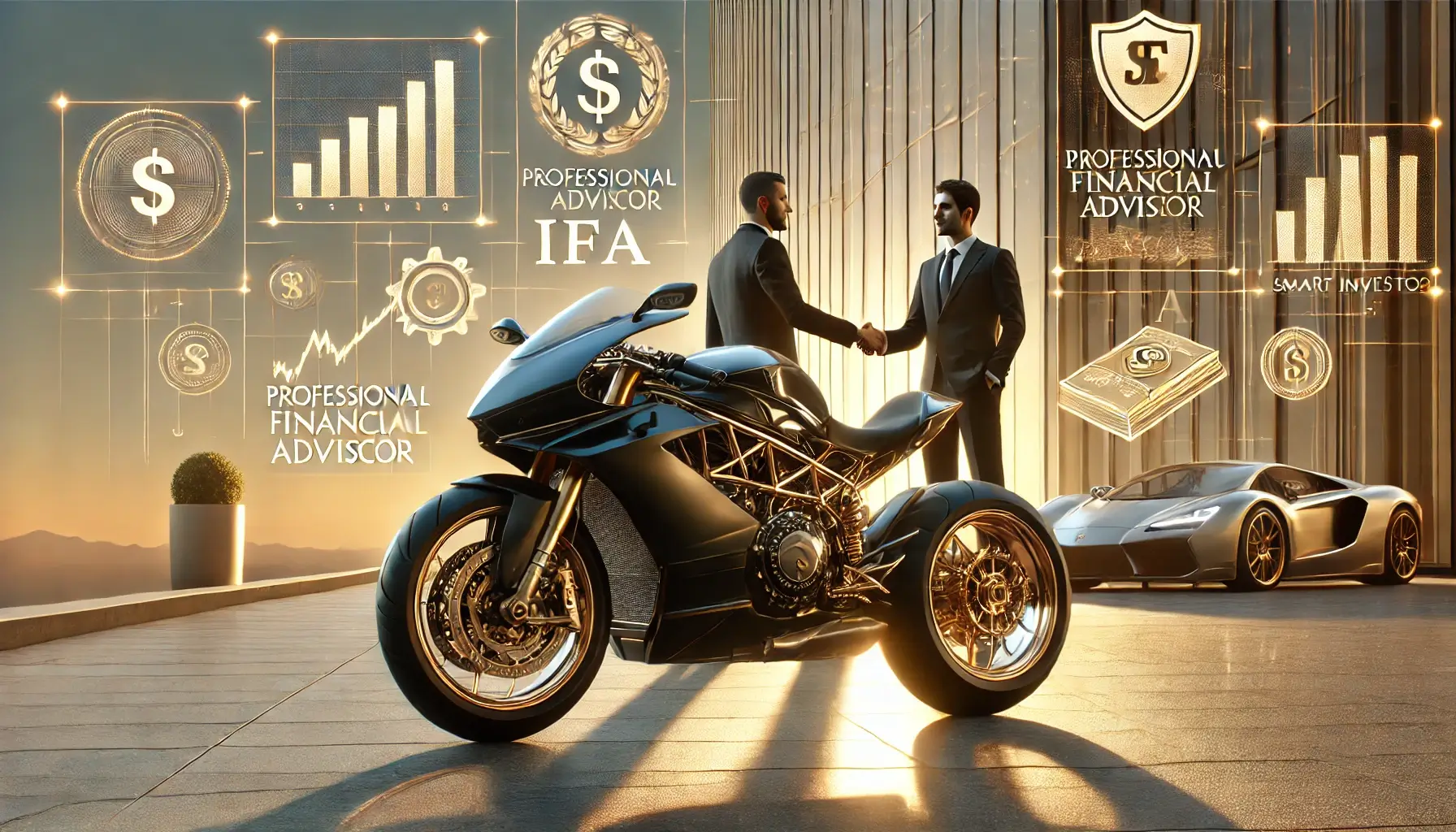 高級バイク投資とIFA資産防衛のイメージ。夕陽の下、IFA（独立系ファイナンシャルアドバイザー）と握手する投資家のビジネスシーン。
