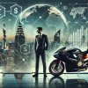 高級バイクとスーツ姿の男性が並ぶ夜景の都市背景。海外不動産と金融チャートが重なり、資産運用の国際戦略を象徴。