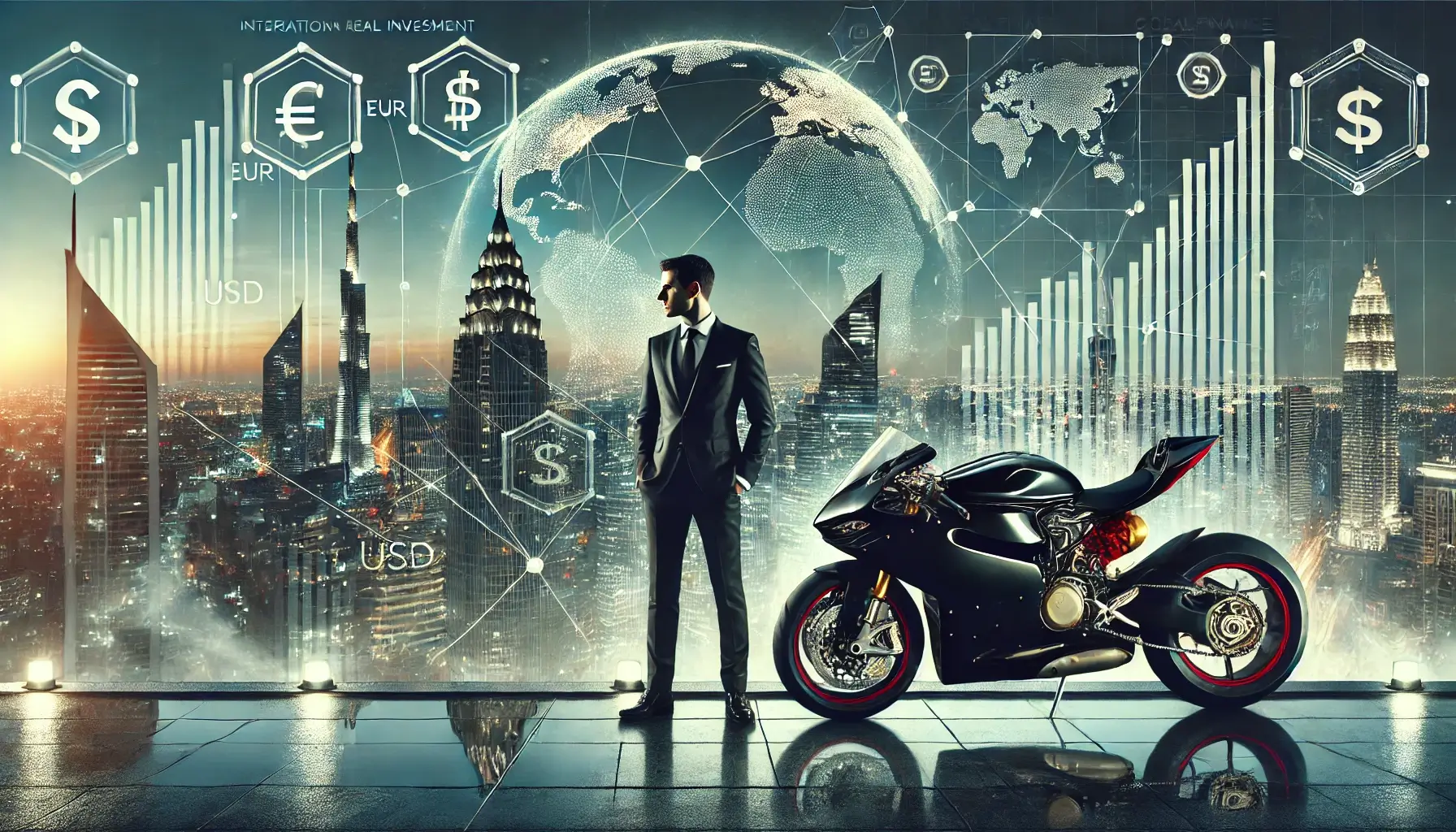高級バイクとスーツ姿の男性が並ぶ夜景の都市背景。海外不動産と金融チャートが重なり、資産運用の国際戦略を象徴。