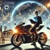 バイクに乗ったスーツ姿の投資家が未来都市を背景にデジタルタブレットでIFA戦略を確認している様子。投資・資産運用・IFA活用を象徴する未来的ビジュアル
