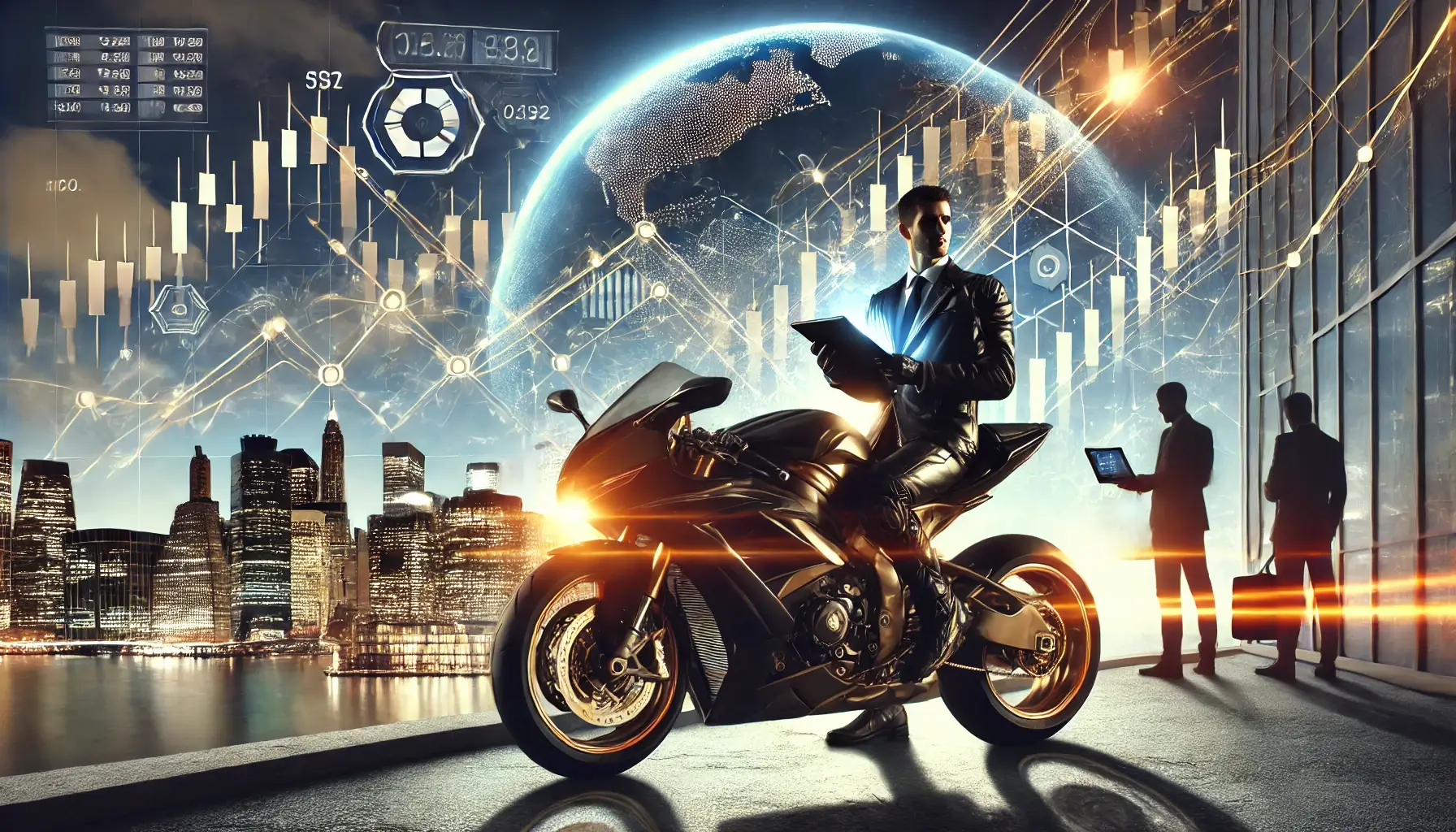 バイクに乗ったスーツ姿の投資家が未来都市を背景にデジタルタブレットでIFA戦略を確認している様子。投資・資産運用・IFA活用を象徴する未来的ビジュアル