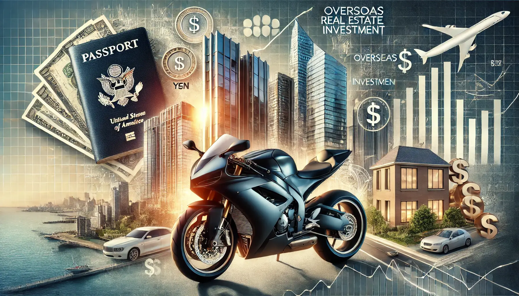 高級バイクと高層ビル群、パスポート、ドル紙幣、グラフなどが描かれた画像。海外不動産投資と資産防衛の関係を象徴するビジュアル。