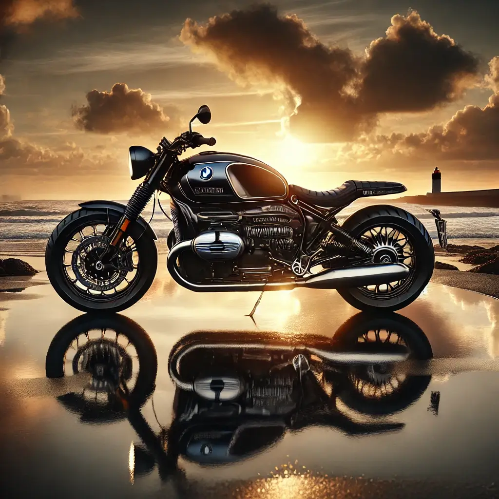 黒とクローム仕上げのBMW R18が海沿いのサンセットで光り輝く