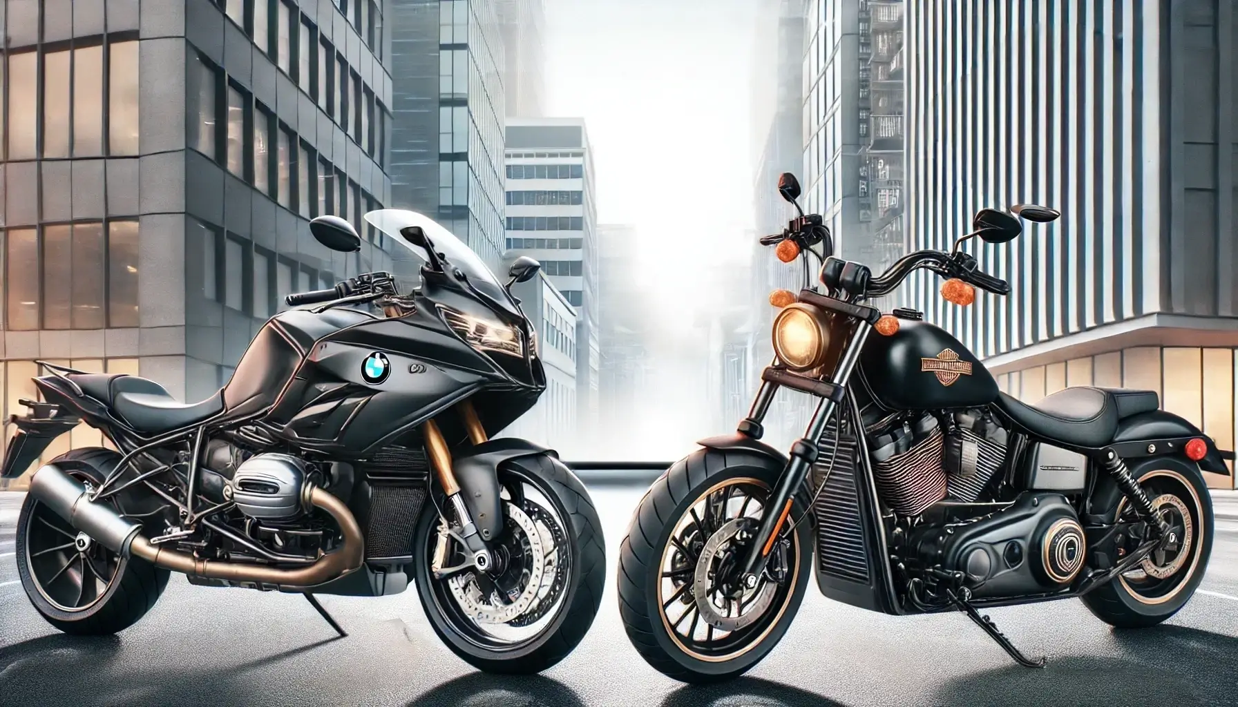 BMW R18とハーレー ローライダーSが並ぶ高級バイクの比較画像。法人名義での購入と節税効果を示唆。