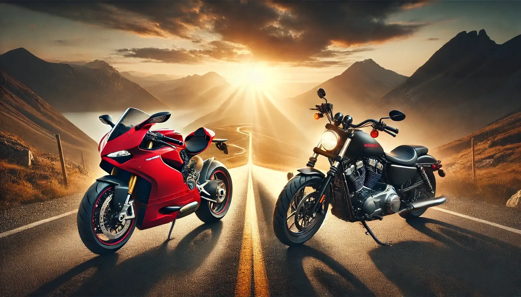 ドゥカティとハーレーの高級バイクが並ぶ夕暮れの山道。40代ライダーに向けた相棒選びを象徴するシーン。