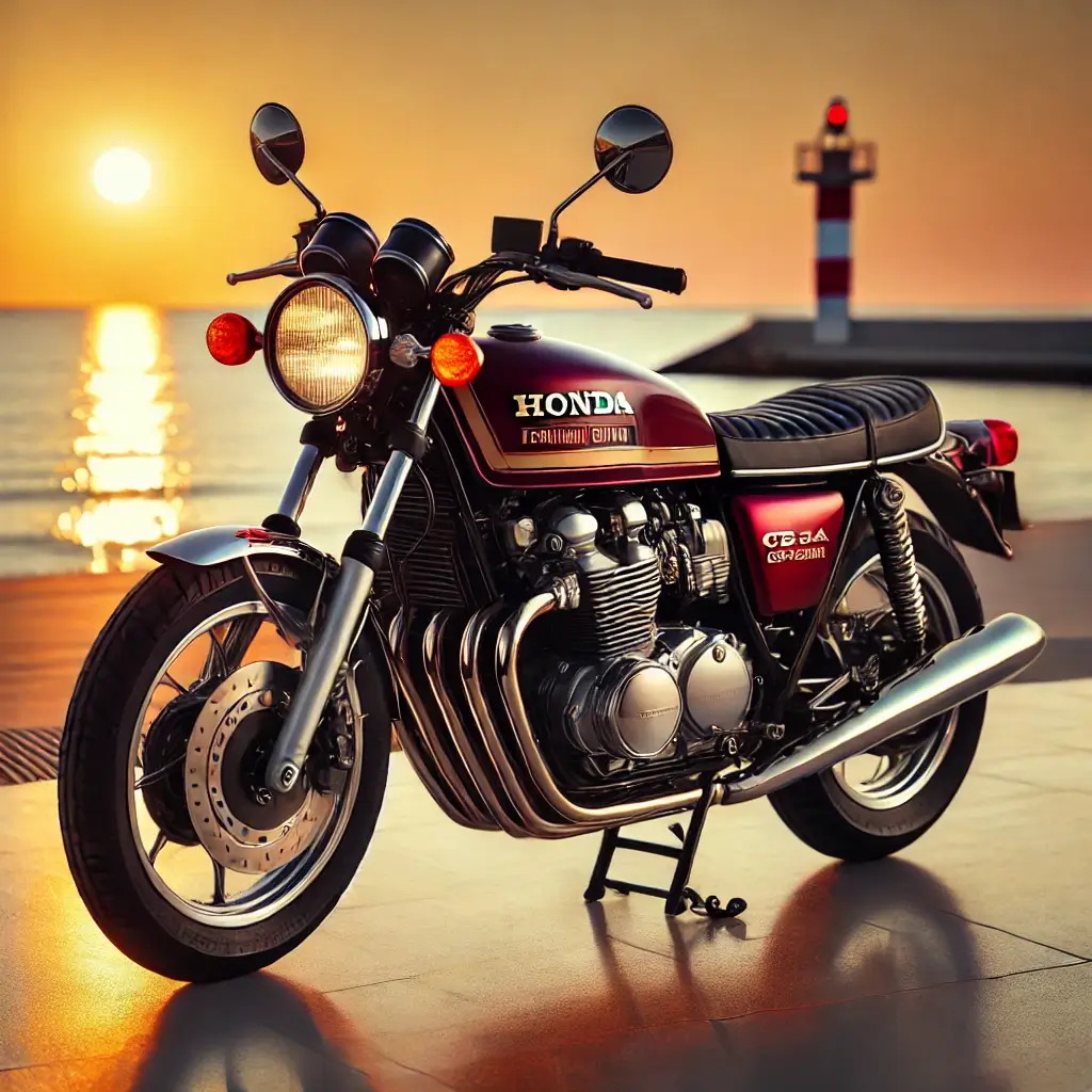 深紅のCB1100EXが夕日を浴びてクラシックな雰囲気を放つ