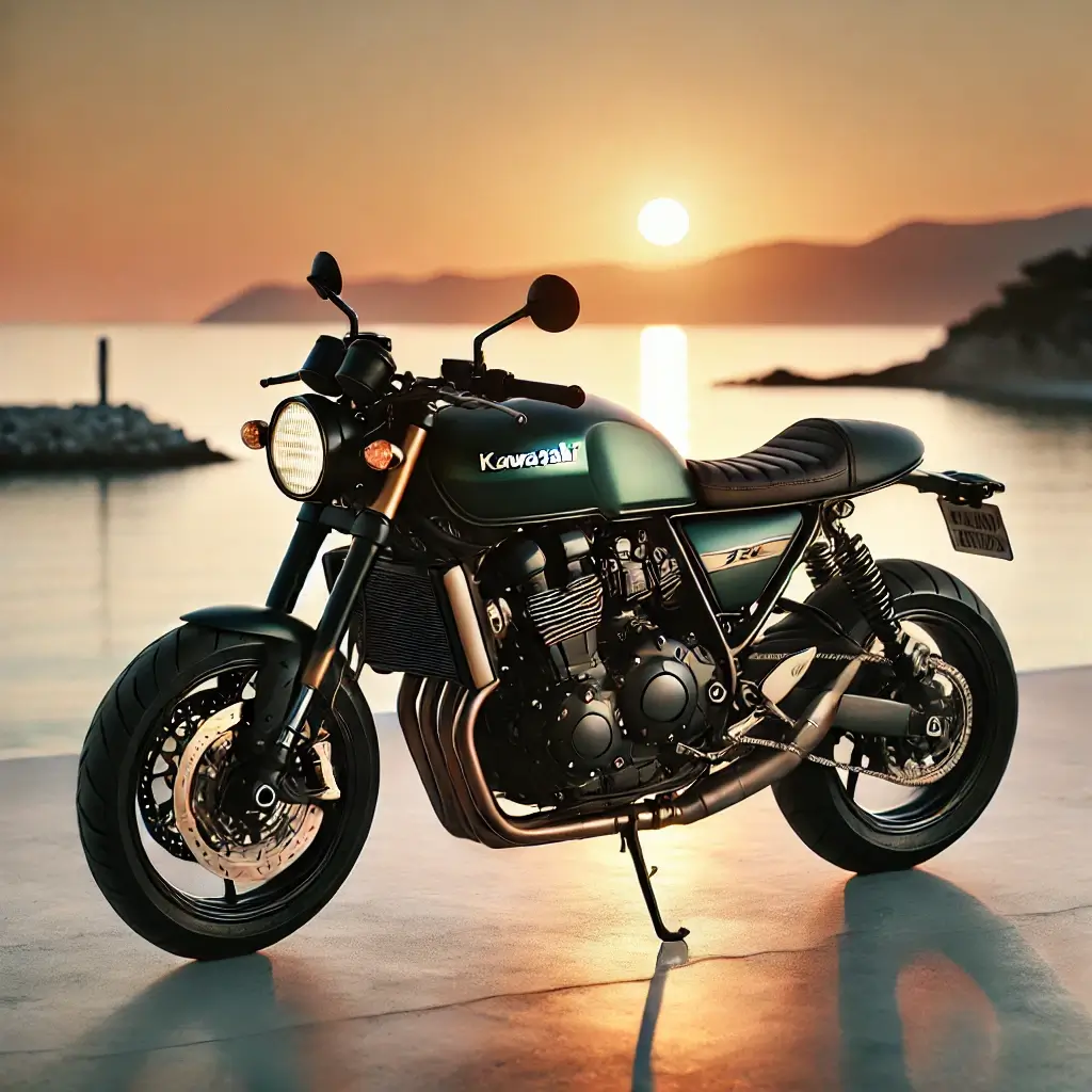グリーンのカワサキZ900RSが夕景に映えるレトロスポーツバイク
