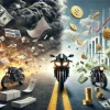 高級バイクの消費と資産運用を対比したビジュアル。浪費の炎と成長する資産を表現。