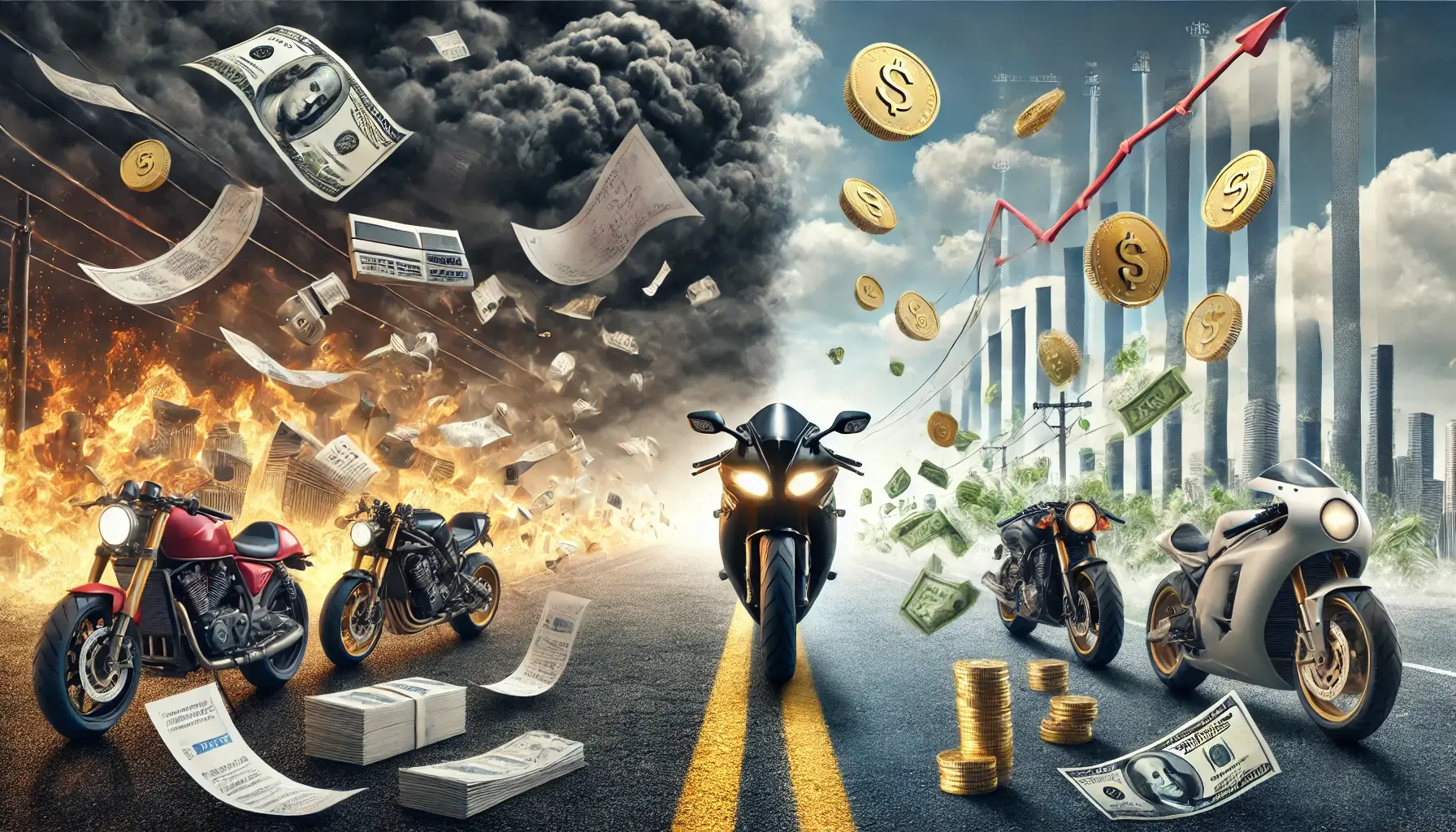 高級バイクの消費と資産運用を対比したビジュアル。浪費の炎と成長する資産を表現。