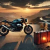 高級バイクとRIMOWAスーツケース、GANZOのレザー財布が夕暮れの山道に並ぶ。人生の選択と旅の本質を象徴するライフスタイルシーン。
