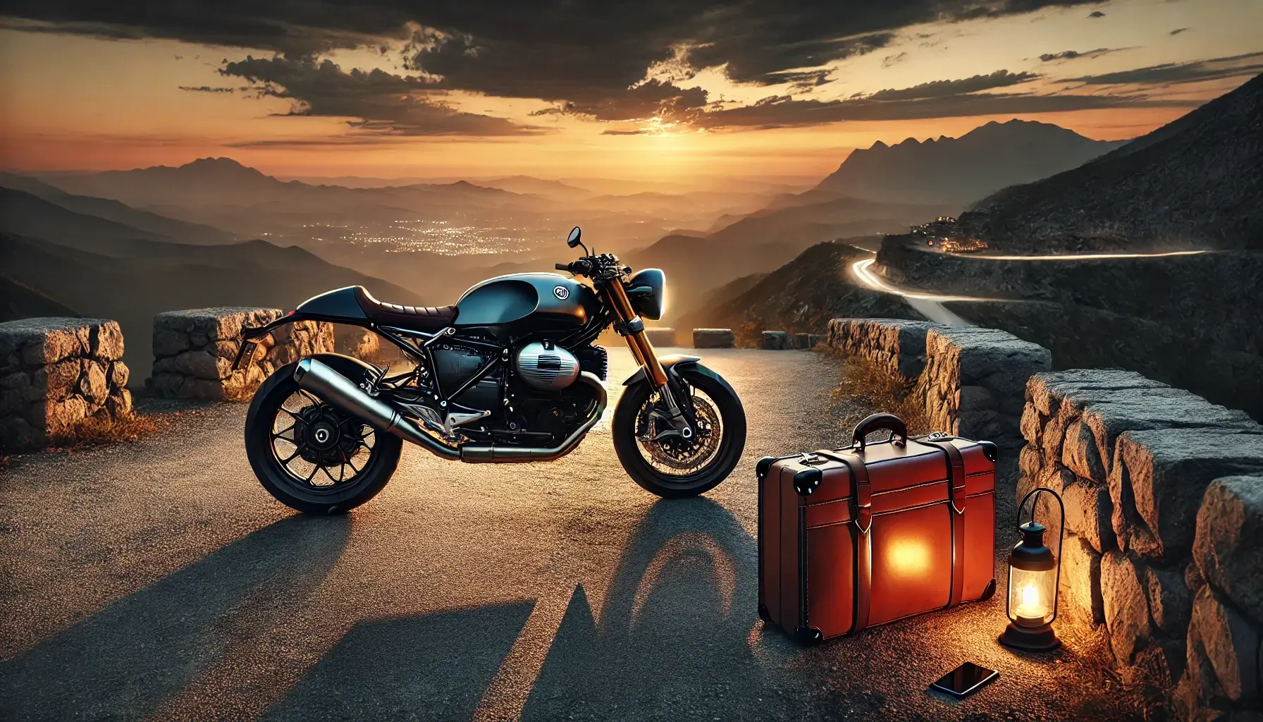 高級バイクとRIMOWAスーツケース、GANZOのレザー財布が夕暮れの山道に並ぶ。人生の選択と旅の本質を象徴するライフスタイルシーン。