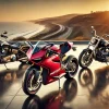 ドゥカティ・BMW・ハーレーの高級バイク3台が夕景の海沿いに並ぶシーン。資産性の高いモデルを象徴するビジュアル。