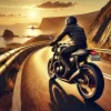 高級バイクで海沿いのワインディングロードを走るライダー。夕陽が照らす風景とともに、“所有のその先”を感じさせる瞬間。