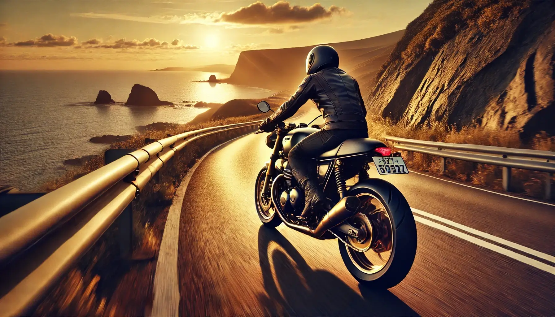 高級バイクで海沿いのワインディングロードを走るライダー。夕陽が照らす風景とともに、“所有のその先”を感じさせる瞬間。
