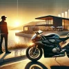 高級バイクと海辺の豪邸を見つめる投資家｜資産形成を象徴するイメージ