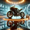高級バイクと仮想通貨の比較を象徴する未来的なショールームのイメージ