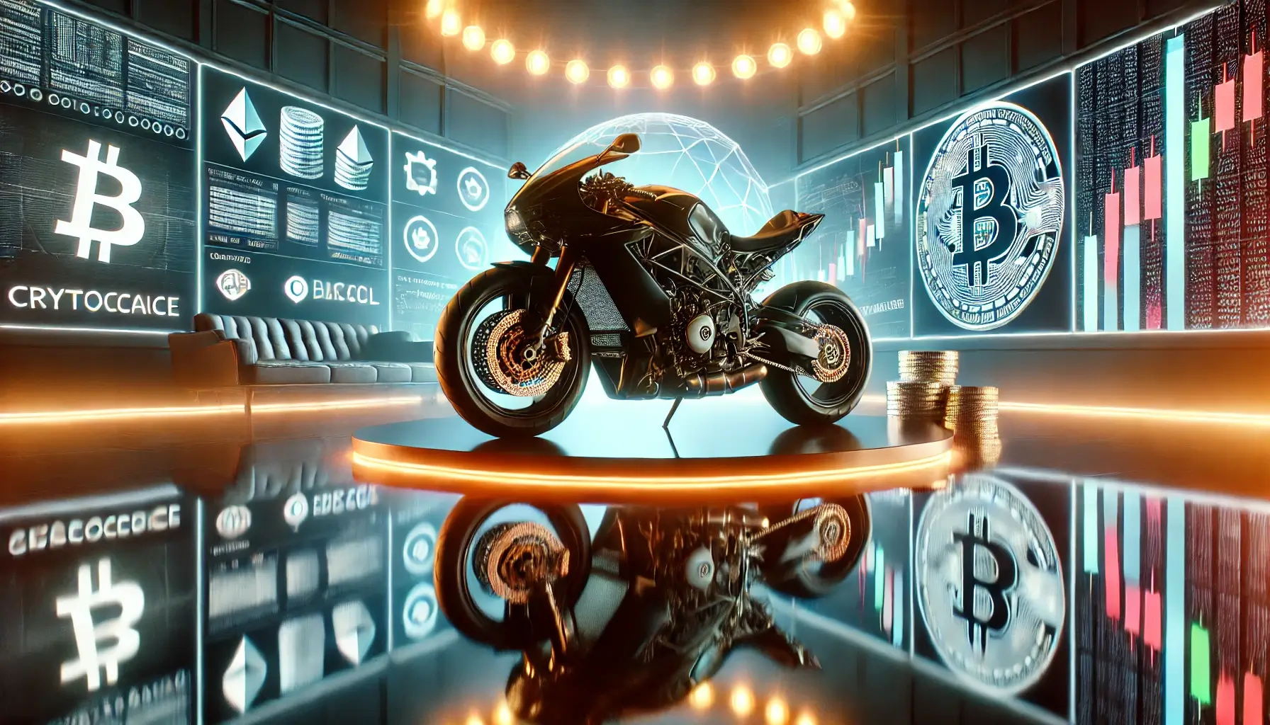 高級バイクと仮想通貨の比較を象徴する未来的なショールームのイメージ