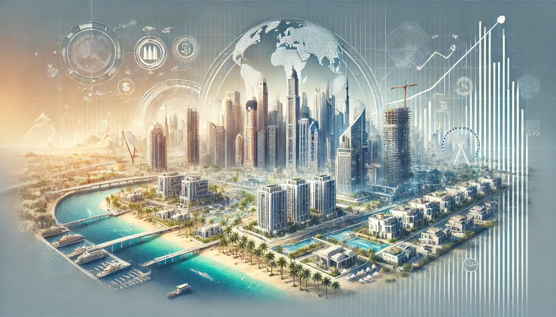 海外不動産投資で注目されるドバイ・フィリピン・カンボジアの未来都市を描いたイメージ図