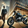 BMW R nineTと高層ビルの前に立つスーツ姿の経営者。高級感と資産価値を象徴するバイクライフスタイル。