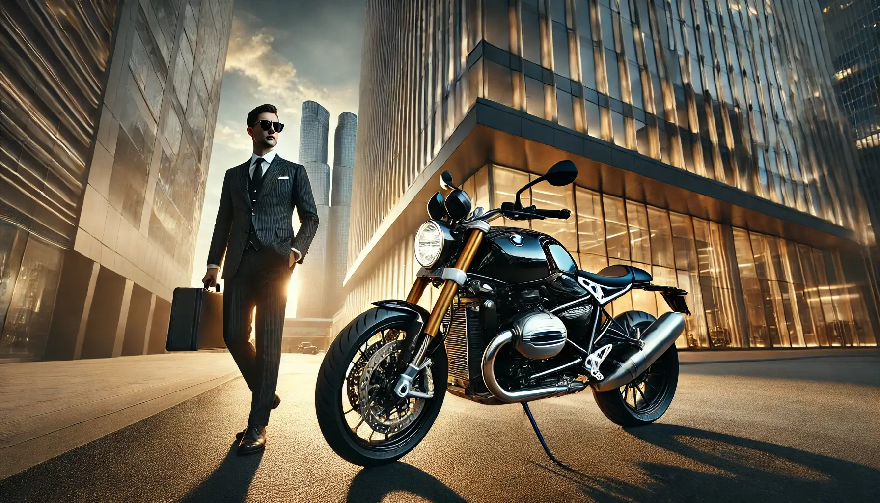 BMW R nineTと高層ビルの前に立つスーツ姿の経営者。高級感と資産価値を象徴するバイクライフスタイル。