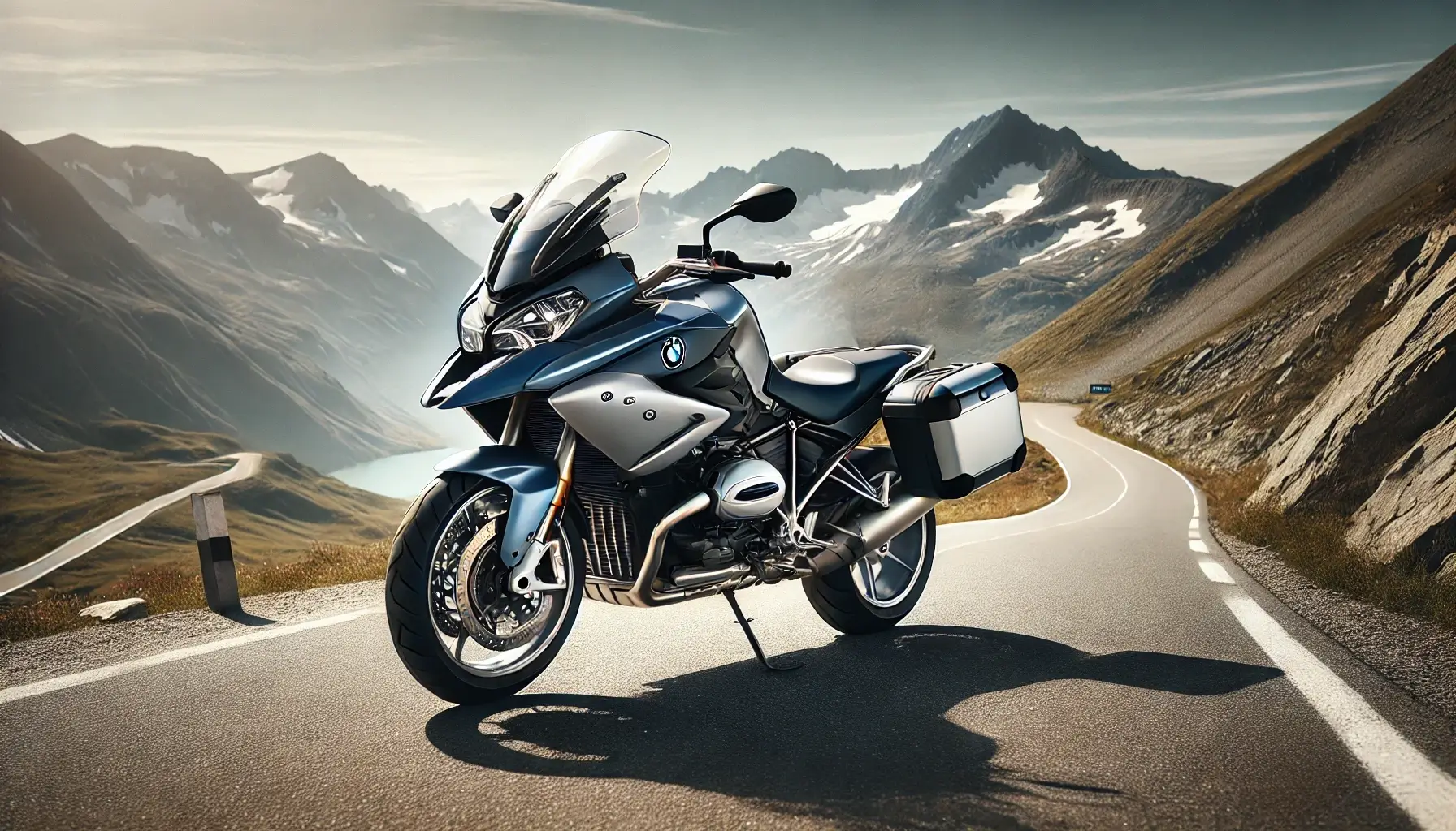 BMW R 1250 RT風の高級バイクがアルプスの峠道で静かに佇む
