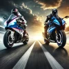BMW S1000RRとヤマハYZF-R1がサーキットで対峙する、迫力ある高級SSバイクの比較画像