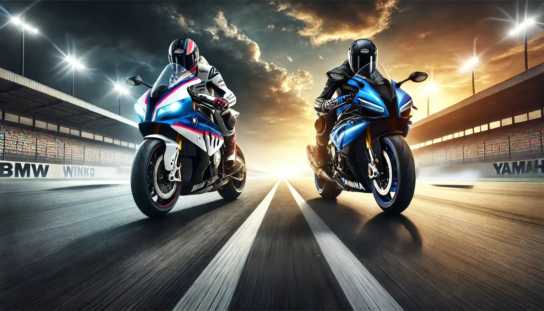 BMW S1000RRとヤマハYZF-R1がサーキットで対峙する、迫力ある高級SSバイクの比較画像