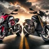 ドゥカティ・ディアベルV4とヤマハVMAXが山道の夕景で対峙する高級バイク比較イメージ
