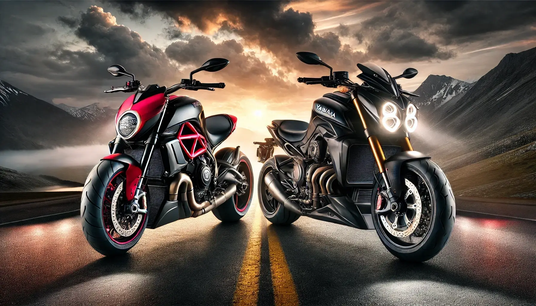 ドゥカティ・ディアベルV4とヤマハVMAXが山道の夕景で対峙する高級バイク比較イメージ