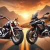 夕焼けの山道に並ぶハーレー・ファットボーイとBMW R1250GSの重量級バイク2台