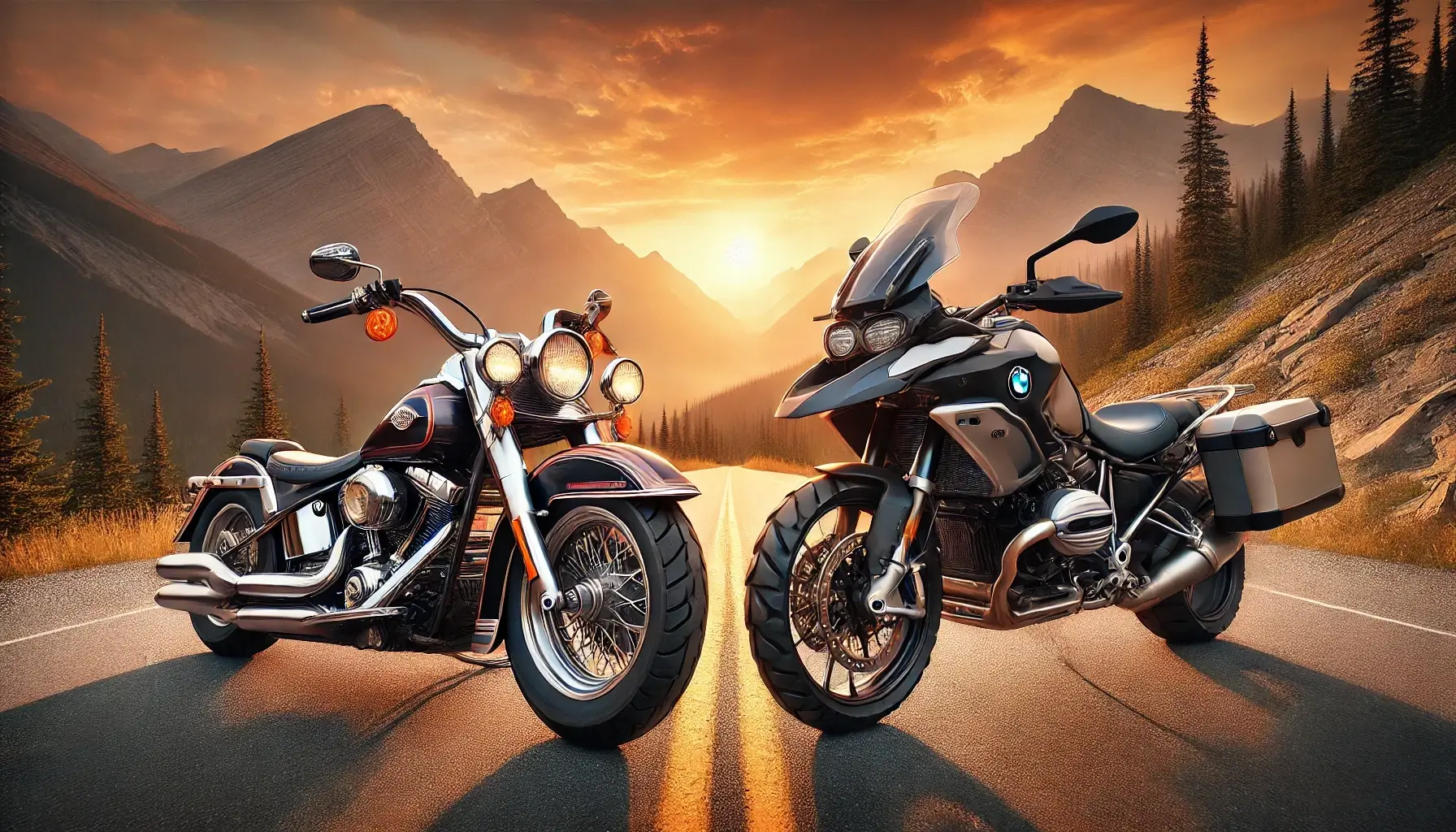 夕焼けの山道に並ぶハーレー・ファットボーイとBMW R1250GSの重量級バイク2台