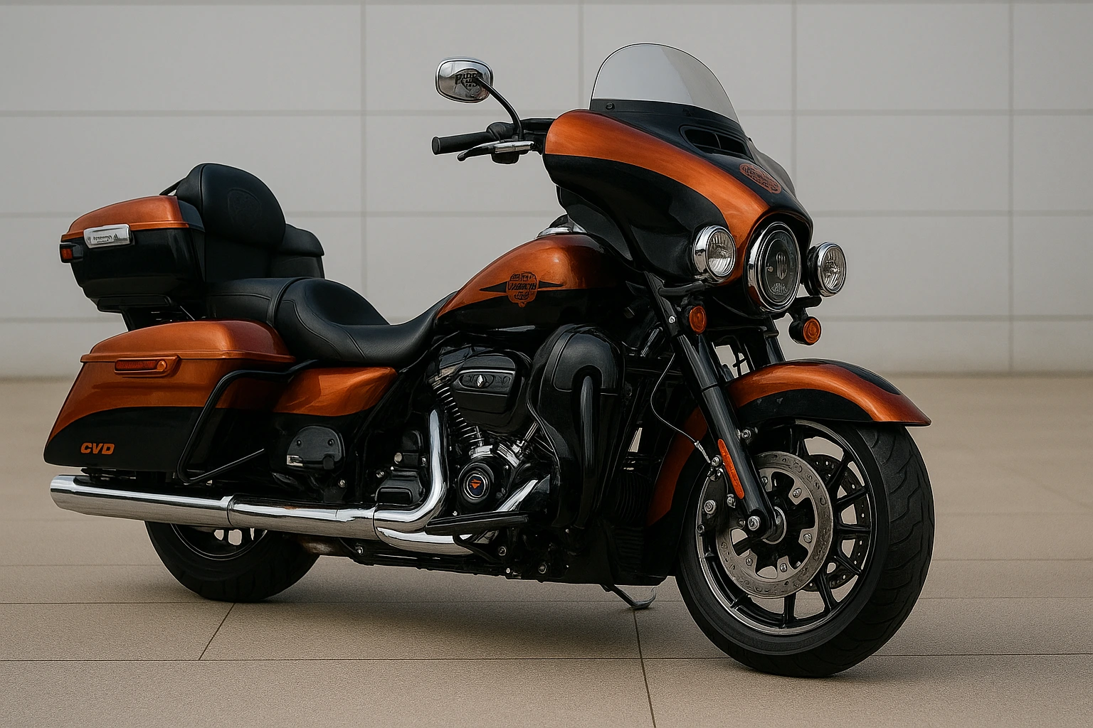 ハーレーCVOがコンクリート壁の前に停車した高級アメリカンバイクの側面ショット