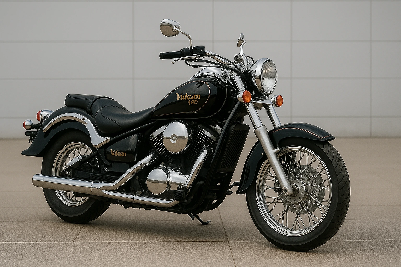 カワサキ・バルカン400が白壁の前に静かに佇む、国産アメリカンバイクのサイドビュー