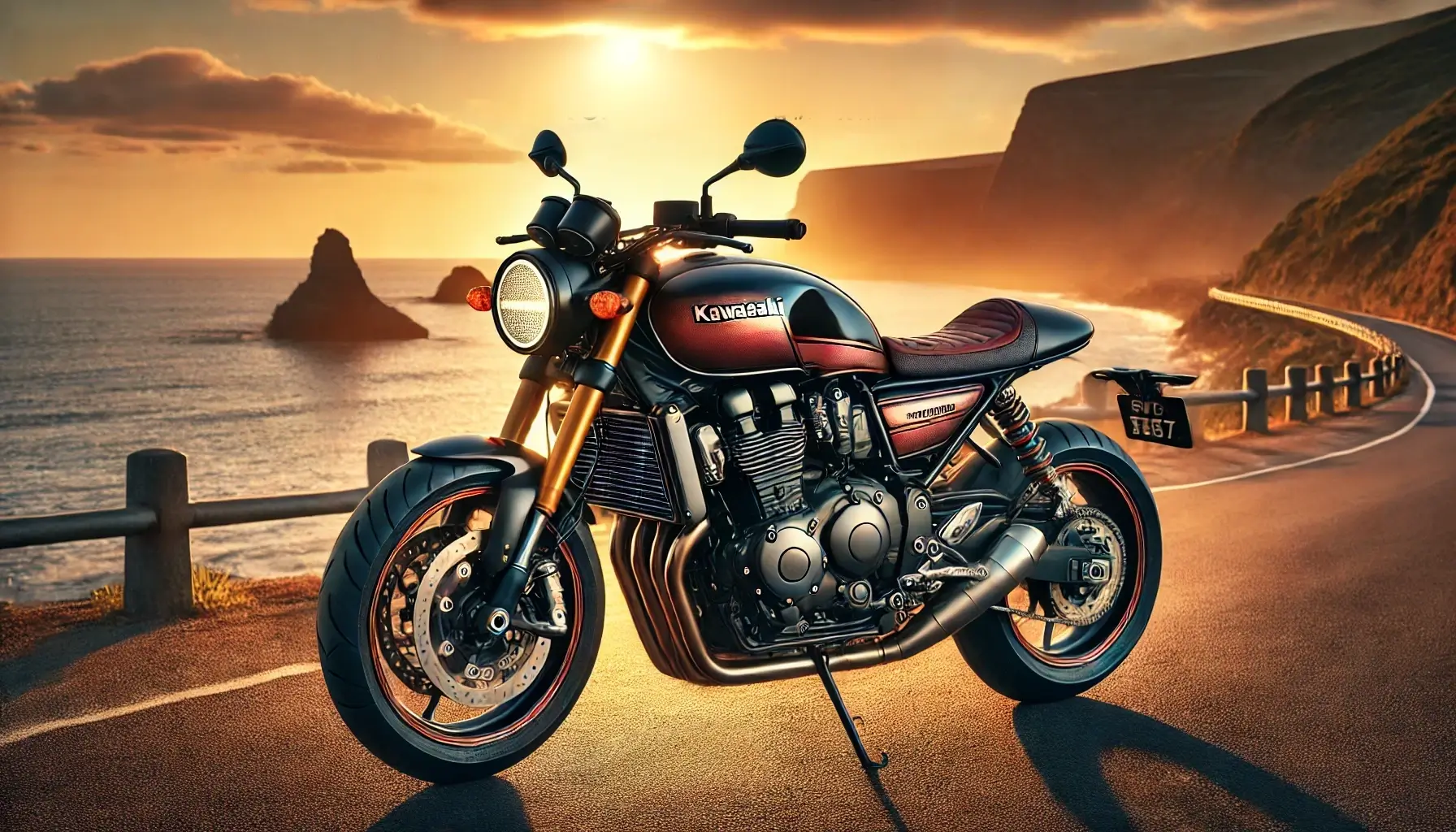 カワサキZ900RS風の高級ネイキッドバイクが夕暮れの海沿いの道路に停車している様子