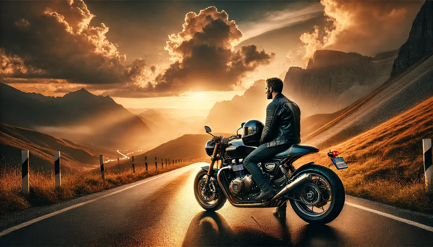 40代の男性が高級バイクと共に夕暮れの山道を見つめる感動的なシーン｜人生を変えるバイクとの出会い