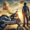夕日を背にした高級バイクとスーツ姿の士業男性が海辺の道に立つ情景
