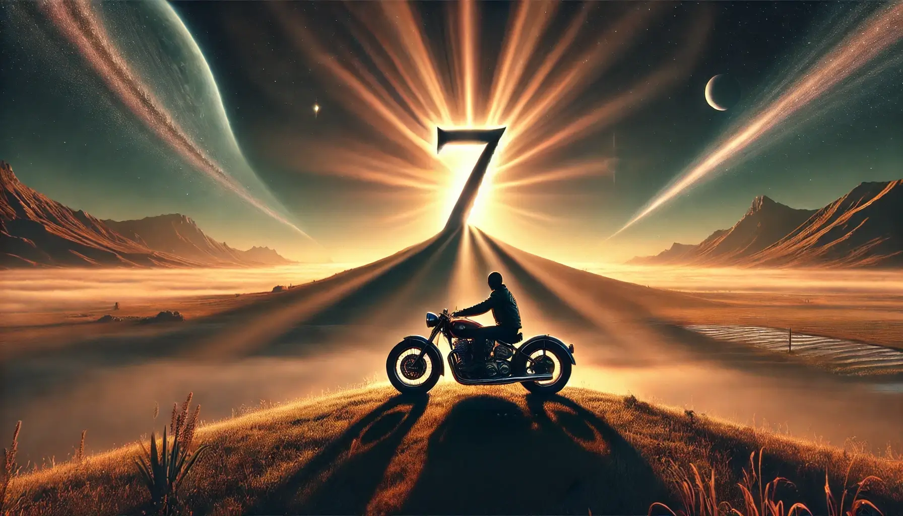 夕焼けの幻想的な風景に浮かぶ「7」の光を背に、高級バイクにまたがるライダーのシルエット