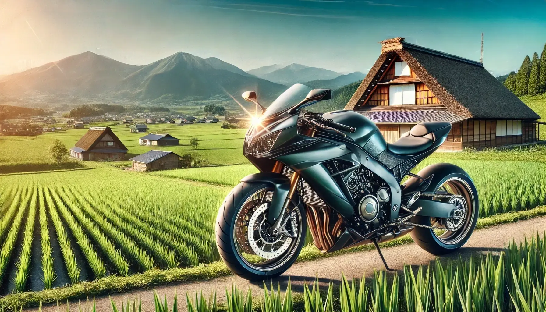 日本の田舎風景に佇む高級バイク｜資産価値としてのバイク投資を象徴する一枚。