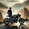 朝霧の中に佇む高級バイクとライダー｜人生の軸となる“一生モノ”の選択を象徴する一枚