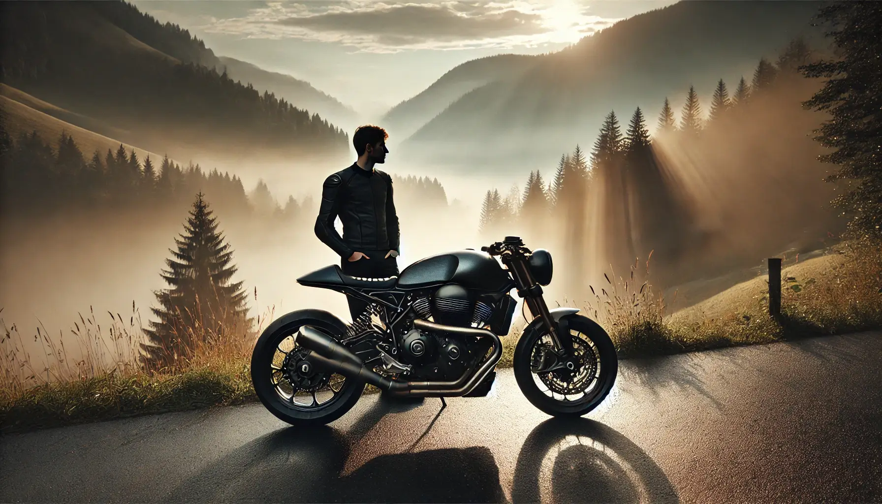朝霧の中に佇む高級バイクとライダー｜人生の軸となる“一生モノ”の選択を象徴する一枚
