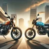 ホンダ CL250 と ヤマハ XSR125 のスクランブラーバイク比較画像。都市の背景に並ぶ2台のバイク。