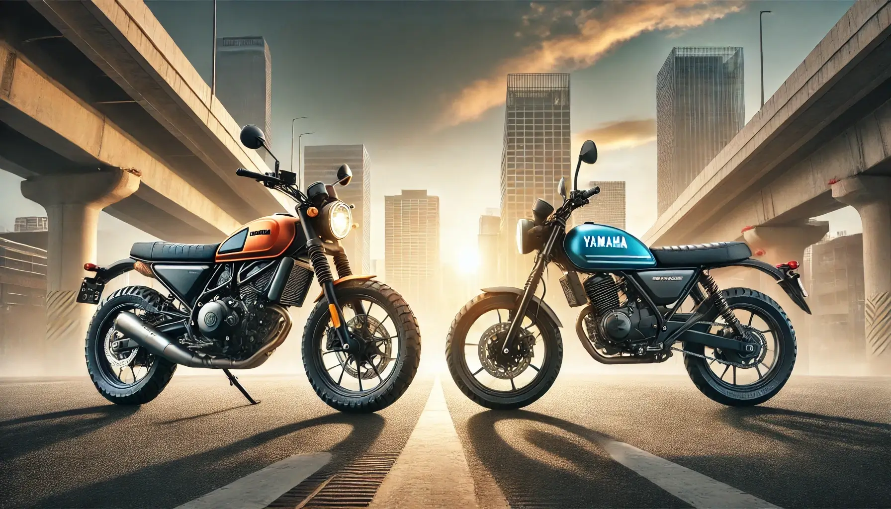 ホンダ CL250 と ヤマハ XSR125 のスクランブラーバイク比較画像。都市の背景に並ぶ2台のバイク。