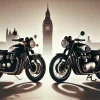 W800とボンネビルT120の比較画像。高級クラシックバイク2台がロンドンの風景を背景に並ぶ。