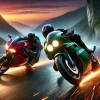 カワサキZRX1200DAEGとドゥカティ ストリートファイターV2が峠道で火花を散らしながらバトルを繰り広げるネイキッドスポーツバイクの対決シーン