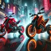 ドゥカティ・ハイパーモタードとKTM 890 DUKE Rがネオン街で向かい合う未来的な比較イメージ