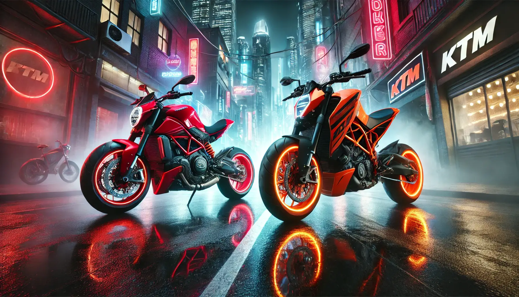 ドゥカティ・ハイパーモタードとKTM 890 DUKE Rがネオン街で向かい合う未来的な比較イメージ