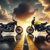 ハーレー ナイトスターとドゥカティ スクランブラー アイコンの比較バイク画像。夕日を背にした美しいロードでの対峙シーン。