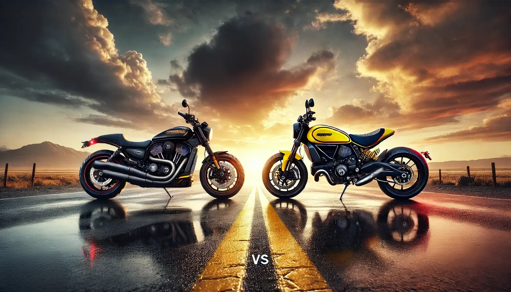 ハーレー ナイトスターとドゥカティ スクランブラー アイコンの比較バイク画像。夕日を背にした美しいロードでの対峙シーン。